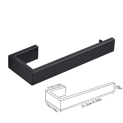 مجموعة أدوات الحمام السوداء من DecorBites™: خطاف رداء، قضيب مناشف، رف، حامل مناديل، منظم فرشاة أسنان