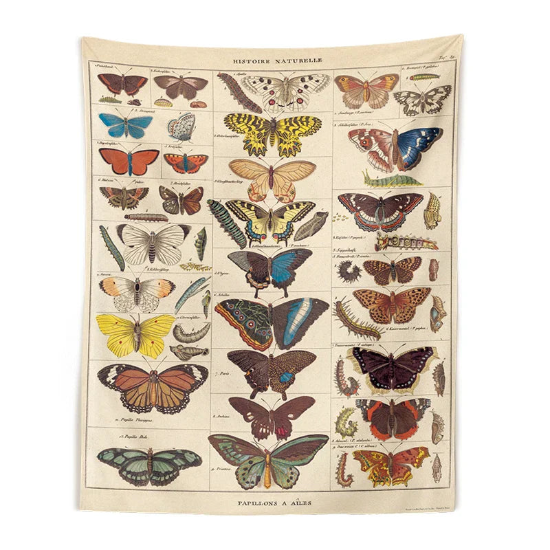 Butterfly Chart Tapestry by Decobites - Vintage & Colorful Wall Hanging