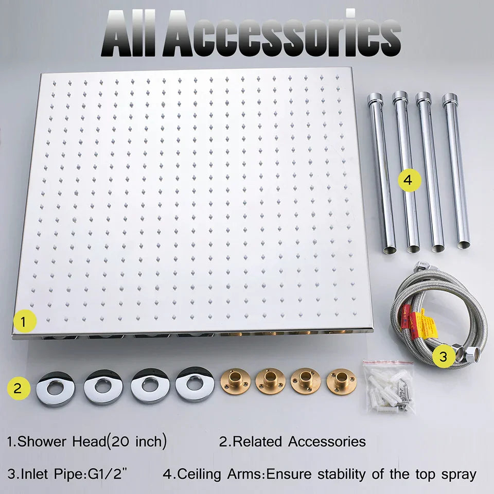 Cabezal de ducha tipo lluvia con luz LED cromada DecorBites™ de 20 pulgadas, montaje en techo, rociador superior con brazo