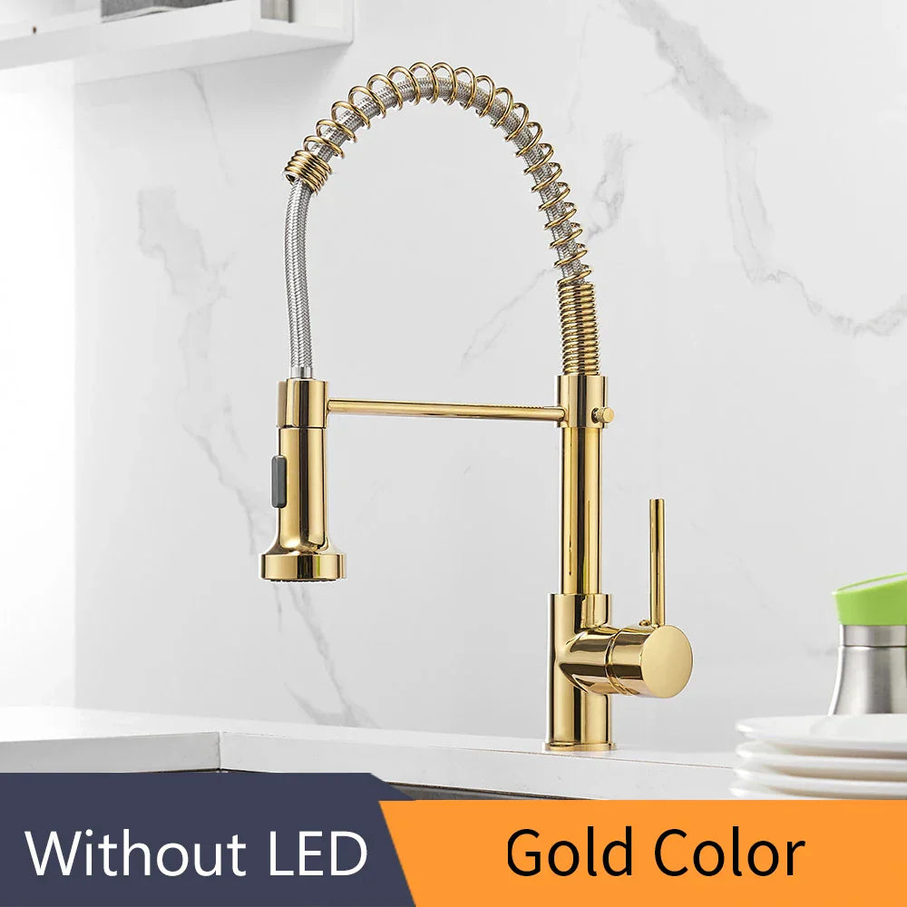 DecorBites™ Brass Spring Spout Kitchen Faucet with Single Lever Pull Down Mixer Tap