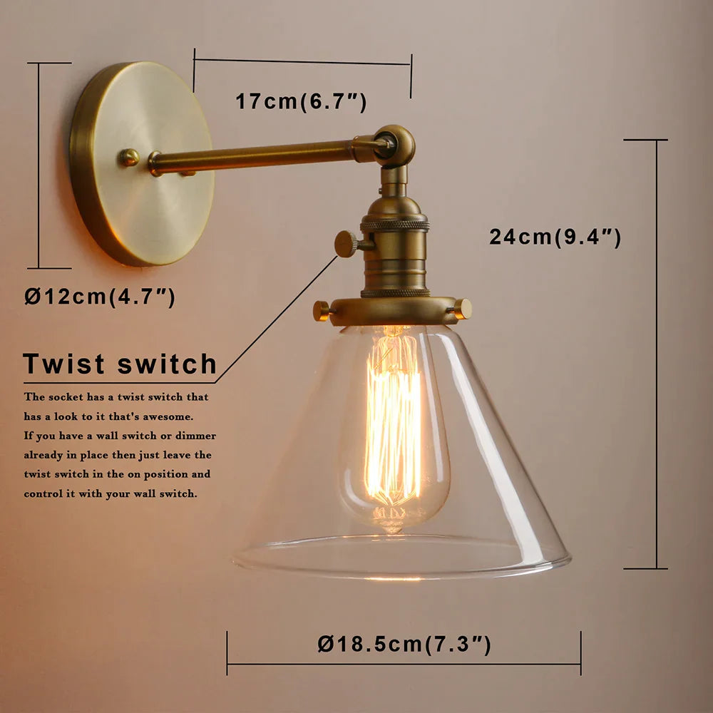 ديكوربايتس™ مصباح حائط زجاجي قمعي E27، تركيبات إضاءة حديثة لغرفة النوم