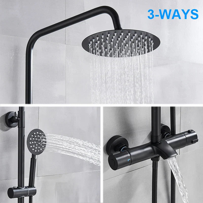 DecorBites™ Black Shower Faucet Set with Thermostatic Control and 8" Rainfall Head