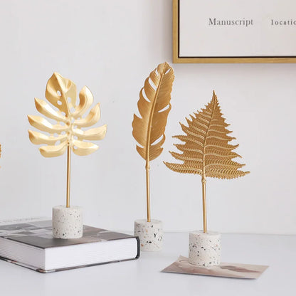 DecorBites™ Gold Leaf Decorations on Marble Base - Creative Metal Crafts for Home Decor