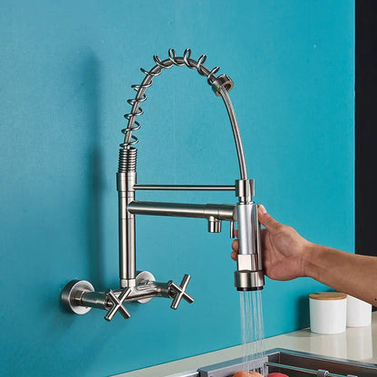 صنبور مطبخ أسود من DecorBites™ مثبت على الحائط مزود بفوهتين دوارتين وخلاط حوض غسيل