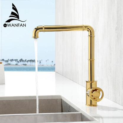 DecorBites™ Gold Brass Retro Industrial Style Bathroom Faucet Hot Cold Mixer Tap