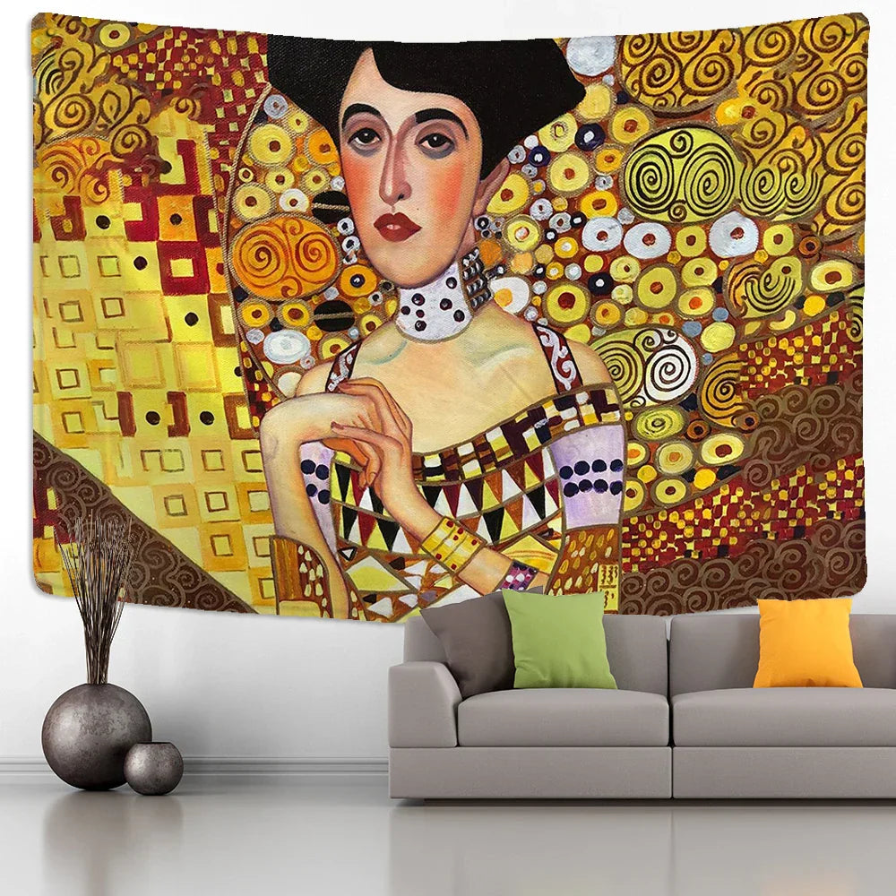 Decorbites™ Tapiz de Pintura al Óleo de Beso Dorado Colgante de Pared Arte Manta en Blanco