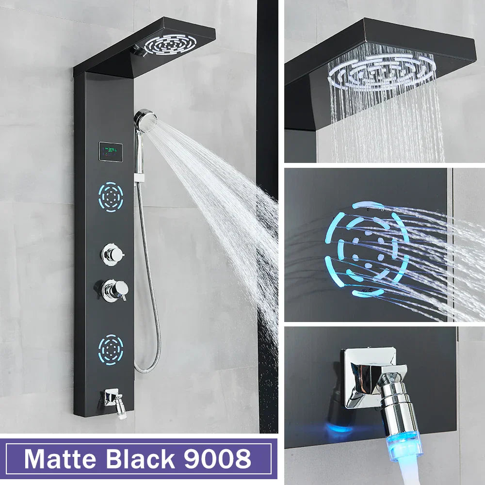 DecorBites™ LCD Black LED Rainfall Shower Panel with 5 Massage Jets Wall Mount