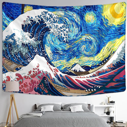 Decobites Kanagawa Waves Oil Painting Tapestry Wall Hanging, Bohemian Style Psychedelic Hippie Art