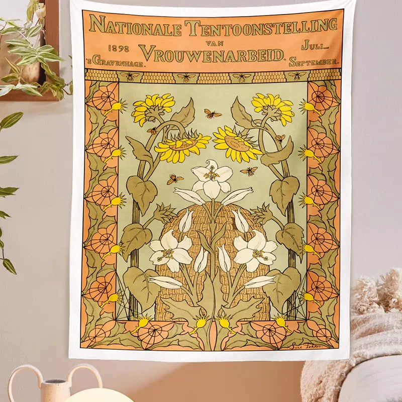 Decobites Vintage Flower Bee Print Botanical Tapestry Wall Hanging Reference Chart Art