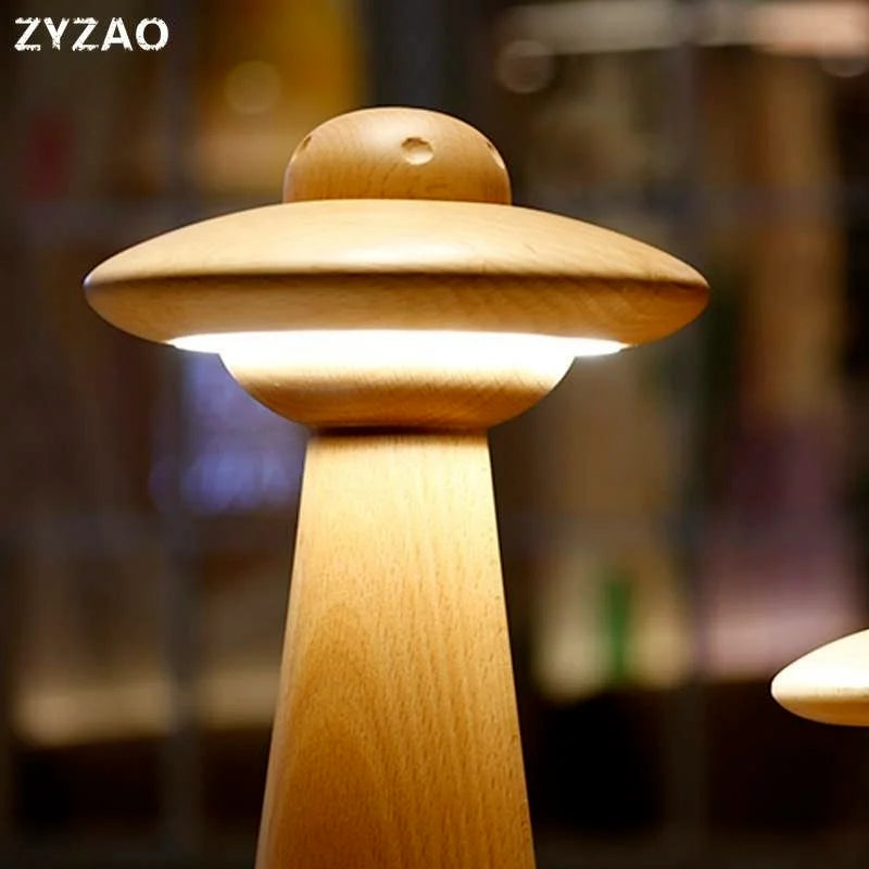 DecorBites™ Kids UFO Wood LED Table Lamp: Modern, Dimmable, Cartoon Design, Ideal for Children's Bedroom