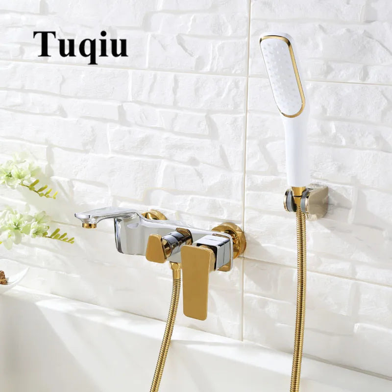 DecorBites™ Gold & White Wall Mounted Bathtub Faucet, Brass Bath Shower Mixer
