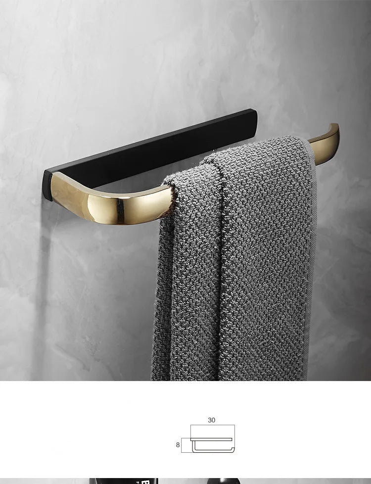 DecorBites™ Gold & Black Bathroom Hardware Set: Shelf, Towel Rack, Paper Holder, Brush Holder