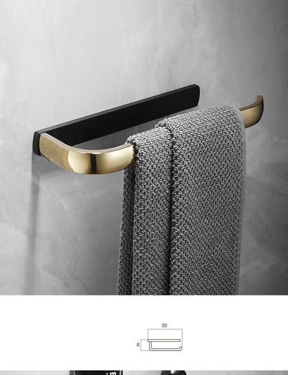 DecorBites™ Gold & Black Bathroom Hardware Set: Shelf, Towel Rack, Paper Holder, Brush Holder
