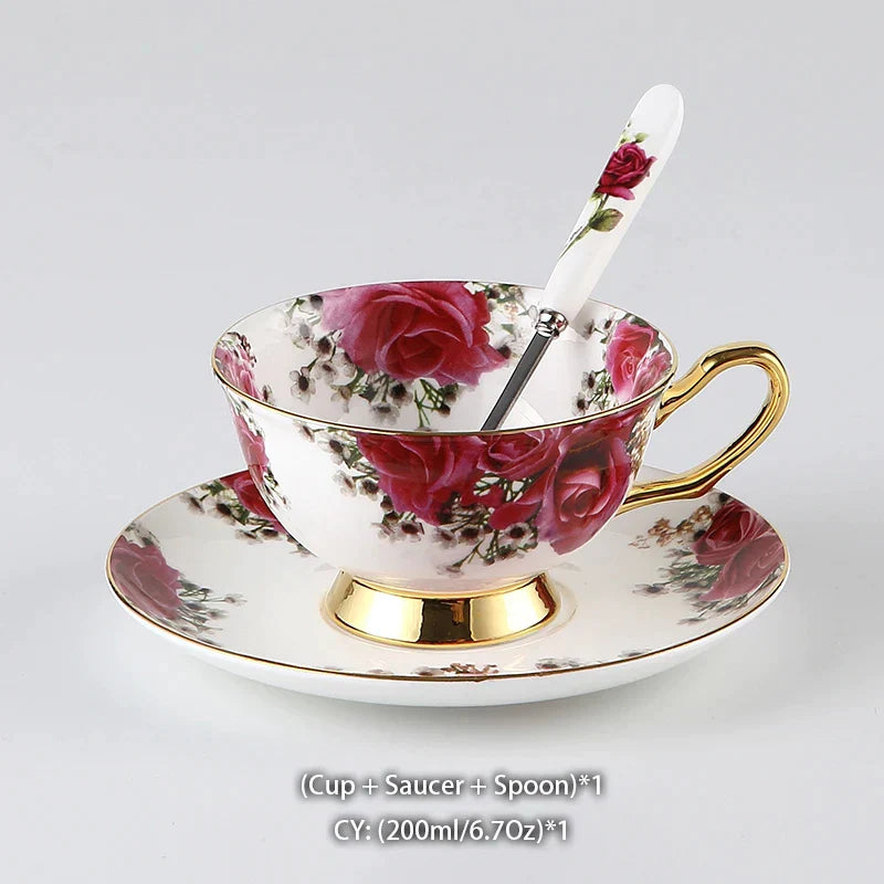 Juego de té DecorBites™ de porcelana fina: taza, platillo, jarra, azucarero, jarra, tetera
