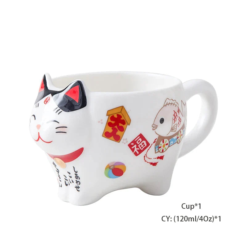 DecorBites™ Lucky Cat Porcelain Tea Set: Maneki Neko Tea Cup Pot, Strainer, Plutus Cat Teapot Mug