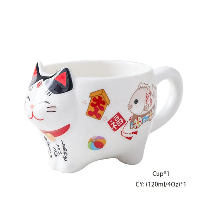 DecorBites™ Lucky Cat Porcelain Tea Set: Maneki Neko Tea Cup Pot, Strainer, Plutus Cat Teapot Mug