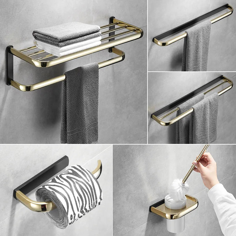 Conjunto de accesorios para baño Decorbites™ en oro y negro: estante, soporte para toallas, dispensador de papel, soporte para cepillo
