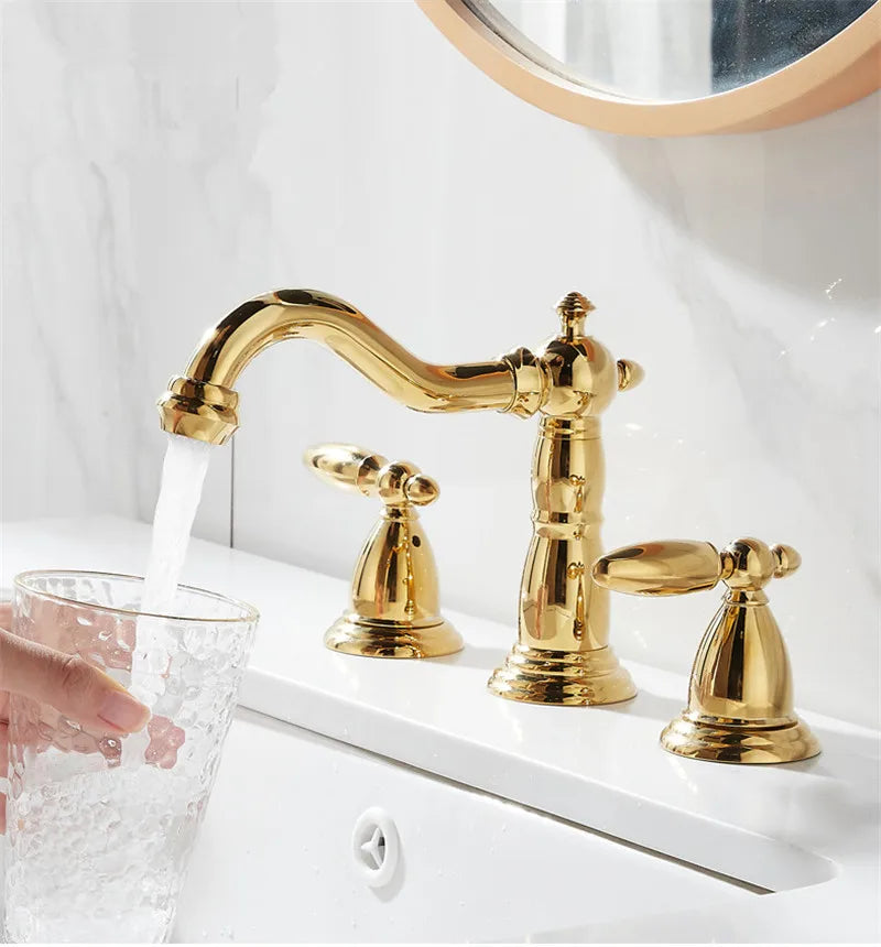 Grifo de baño de latón dorado Decorbites™ de montaje amplio - Grifos de fregadero antiguo de 3 orificios
