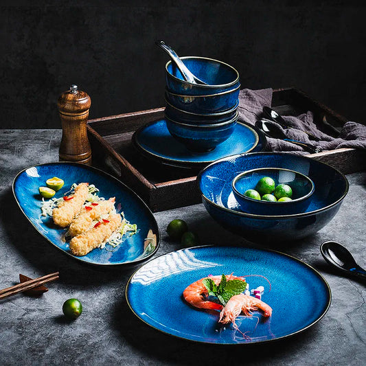 DecorBites™ Japanese Blue Ceramic Tableware Set - Rice Bowl, Plate, Spoon, Udon Ramen Bowl, Soup Dish