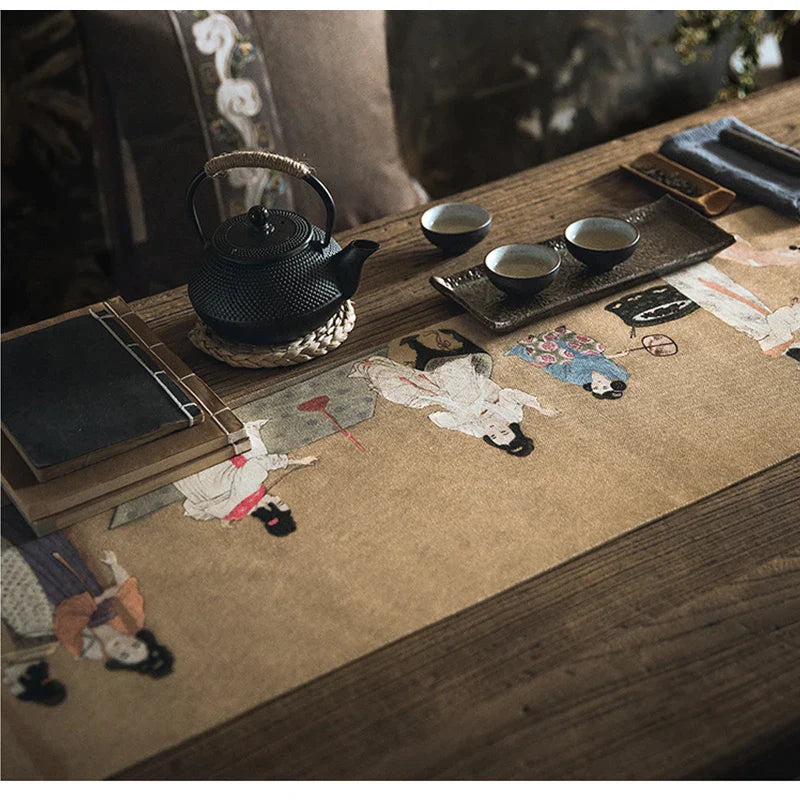 DecorBites™ Chinese Painting Women Print Table Runner Handmade Traditional Chic Decor
