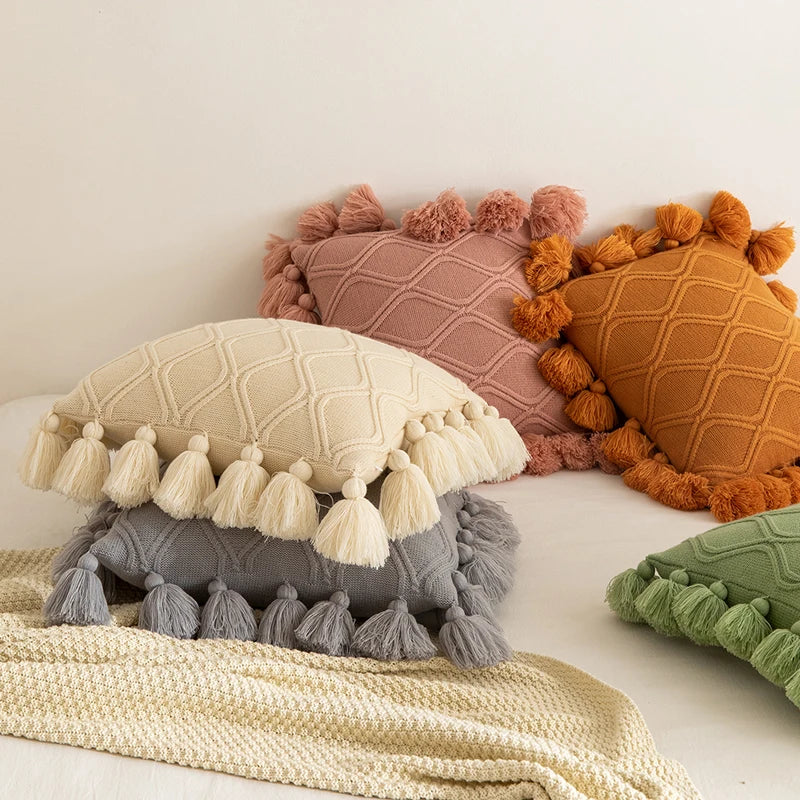 DecorBites™ Boho Style Ivory Green Pink Tassles 45x45cm Cushion Cover for Home Decoration