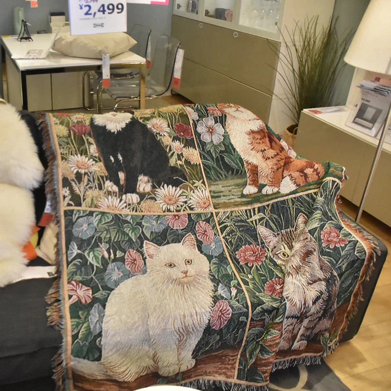 DecorBites™ Funda de sofá tejida con diseño de gato y girasol: manta multifuncional, cubrecama, alfombra y tapiz para decoración del hogar.