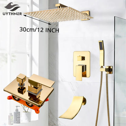 DecorBites™ Gold Rainfall Shower System with Wall Mount Mixer Tap Set