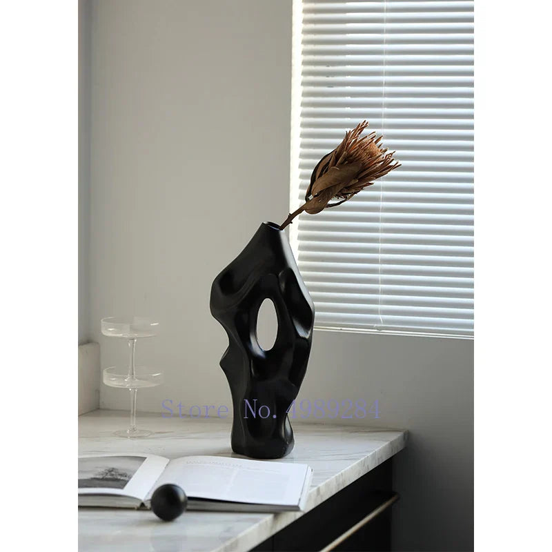 DecorBites™ Black & White Abstract Ceramic Vase - Handcrafted Hollow Out Hole Design