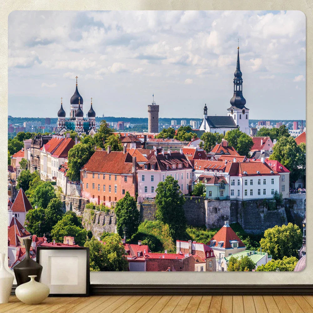 Tapiz psicodélico Golden Hall de DecorBites™: Decoración bohemia hippie para el hogar, la sala de estar o el dormitorio.