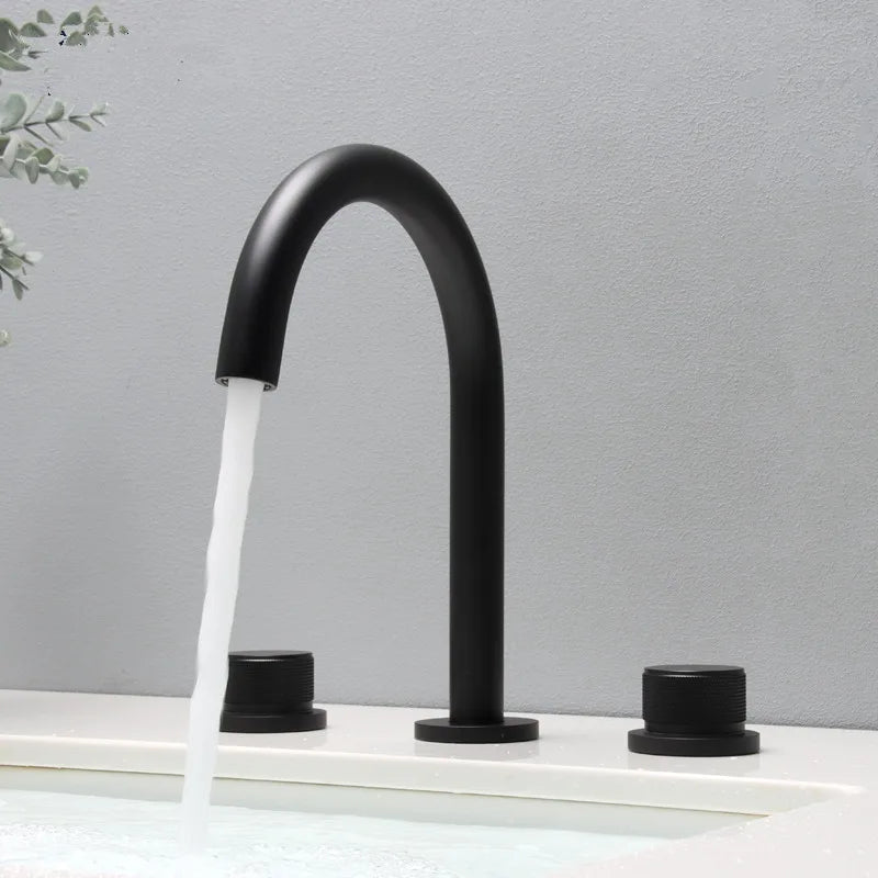 DecorBites™ Black & Brushed Gold Basin Faucets: Total Brass 3-Hole Waterfall Sink Faucet