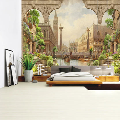 Tapiz DecorBites™ con paisaje de plantas verdes | Tapiz bohemio para pared en City Castle Hill