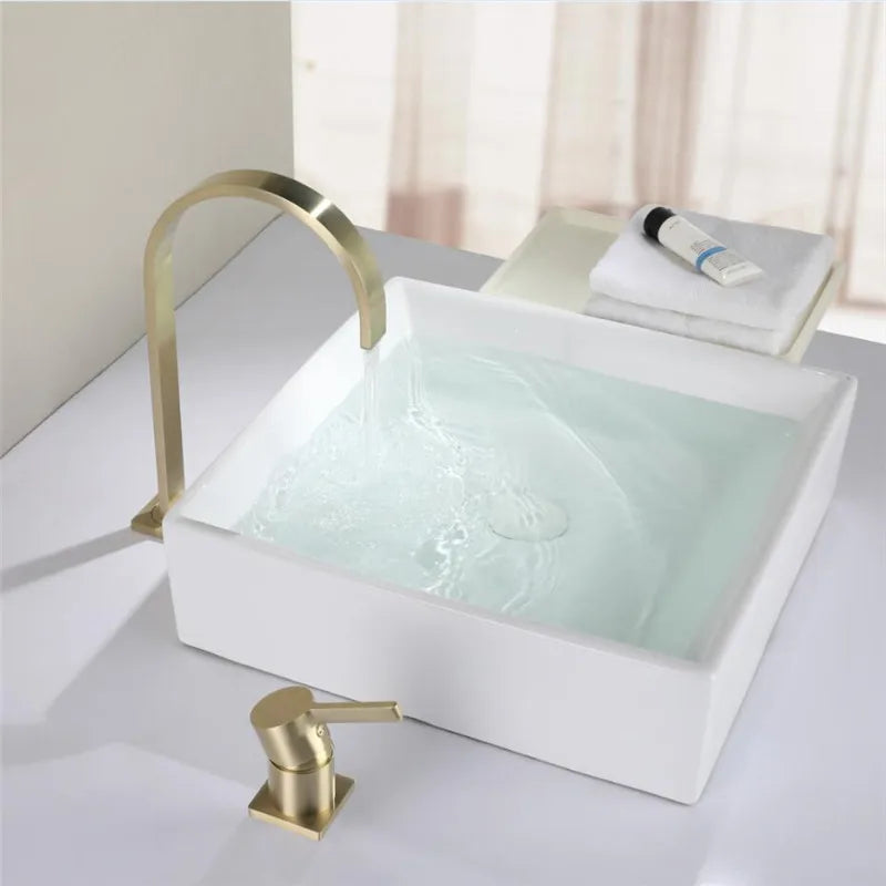 DecorBites™ Brushed Gold Basin Faucet: 360 Rotating Two Hole Widespread Bathroom Sink Tap