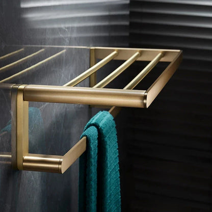 DecorBites™ Brass Bath Hardware Set: Shelf, Towel Rack, Paper & Toilet Brush Holder in Brushed Gold