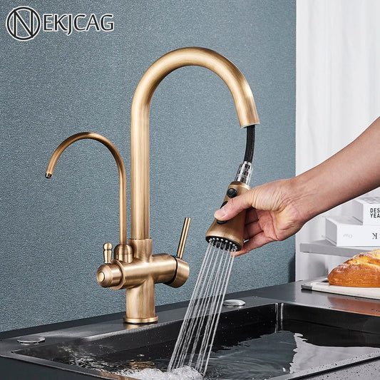DecorBites™ Brass Filter Kitchen Faucet with Rotatable Spout and Dual Handles