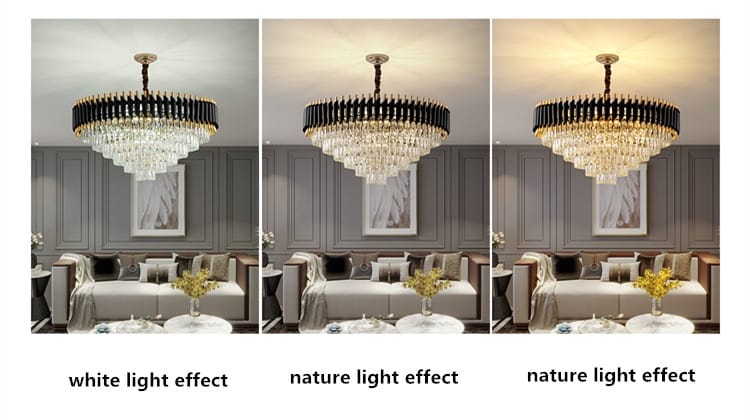 Luxury k9 crystal tiered chandelier in black and gold with cascading crystal droplets designed for dining room lighting by Nebra luxury crystal chandeliers.