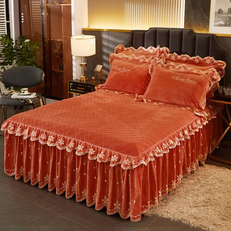 Decobites Velvet Bedding Set with Gold Embroidery & Ruffles