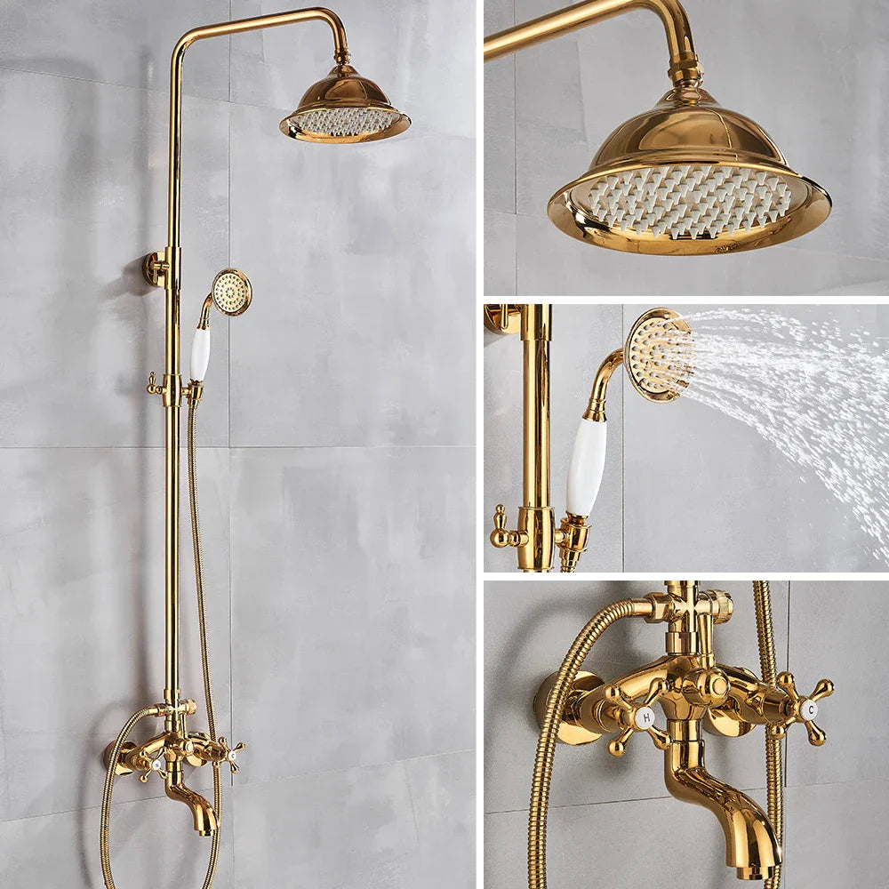 Juego de Grifo de Ducha en Latón Dorado Decorbites™ con Salida para Bañera y Dos Manijas