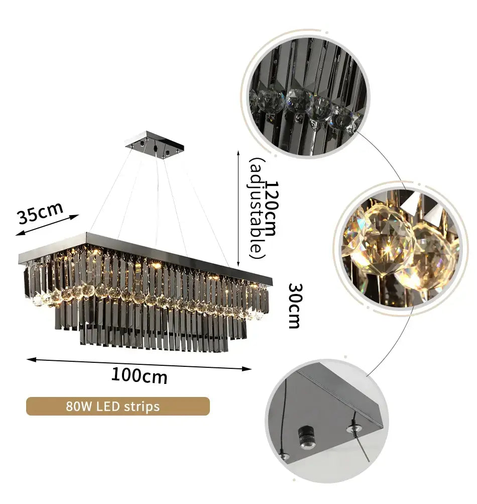 Modern black rectangle crystal chandelier featuring a sleek chrome frame with cascading rows of clear and amber crystal droplets suspended from led strips for dining room lighting.