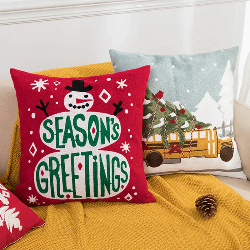 DecorBites™ Christmas Embroidered Cushion Cover 45x45cm - Red Green Santa Snowflake Deer Snowman