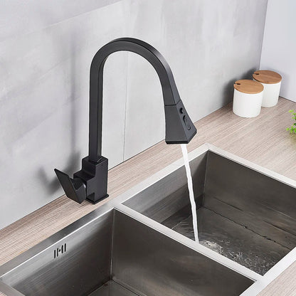 DecorBites™ Black Kitchen Faucet Pull Out Mixer Square Single Handle Deck Mounted Tap