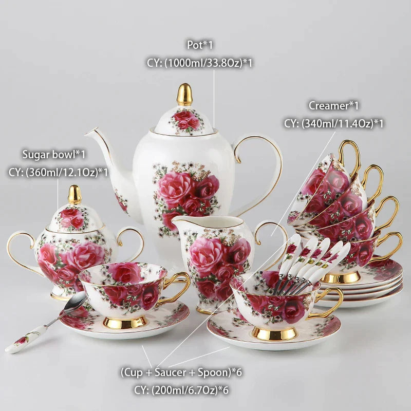 Juego de té DecorBites™ de porcelana fina: taza, platillo, jarra, azucarero, jarra, tetera