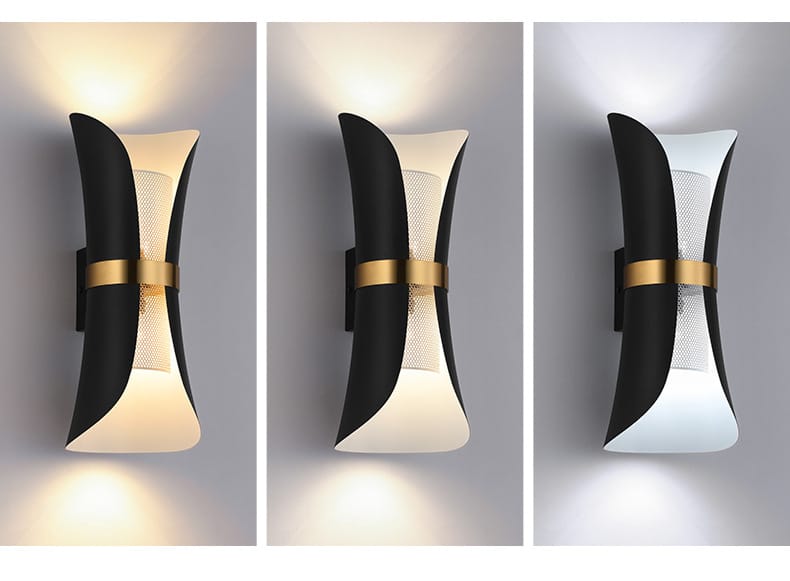 Modern black and gold curved wall lamp with a sleek design and textured white panel ideal for bedroom lighting.