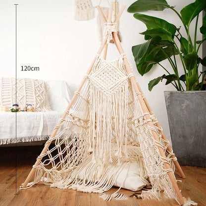 Decobites Macrame Kids Tent with Wooden Stick Holder for Boho Decor