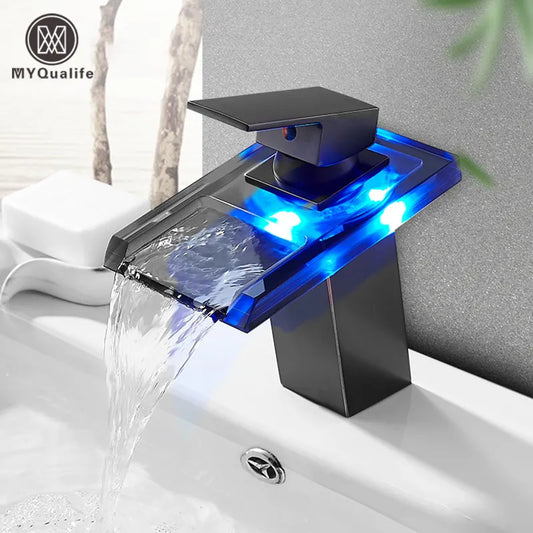 DecorBites™ LED Waterfall Basin Faucet - Color Changing, Single Handle, Deck Mounted.
