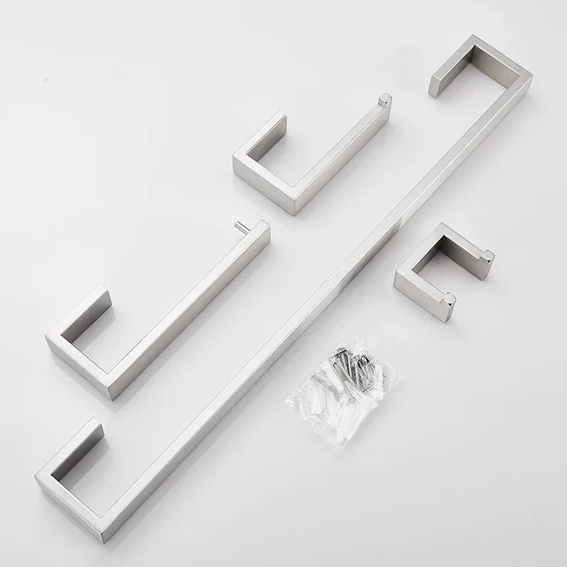 DecorBites™ Brushed Bath Hardware Set: Robe Hook, Towel Bar, Shelf, Tissue Holder, Toothbrush Stand