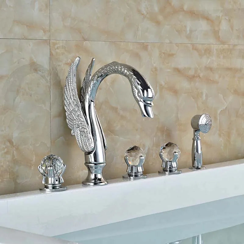 DecorBites™ Crystal Knob Swan Faucet 5-Hole Widespread Tub Mixer with Handshower