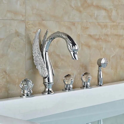 DecorBites™ Crystal Knob Swan Faucet 5-Hole Widespread Tub Mixer with Handshower