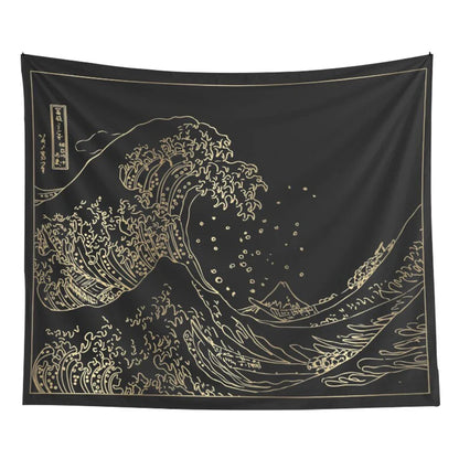 Decobites Kanagawa Wave Black White Tapestry Japanese Surfing Vintage Art Wall Hanging