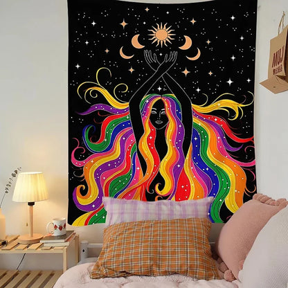 Decobites Moon Phase Girl Mandala Tapestry: Bohemian Hippie Wall Hanging for Psychedelic Home Decor