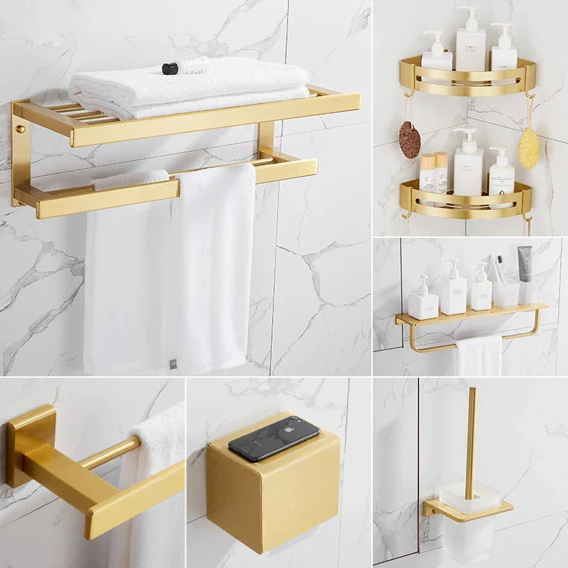 DecorBites™ Brushed Gold Bathroom Set: Shelf, Towel Rack, Holder, Toilet Brush - Bath Hardware